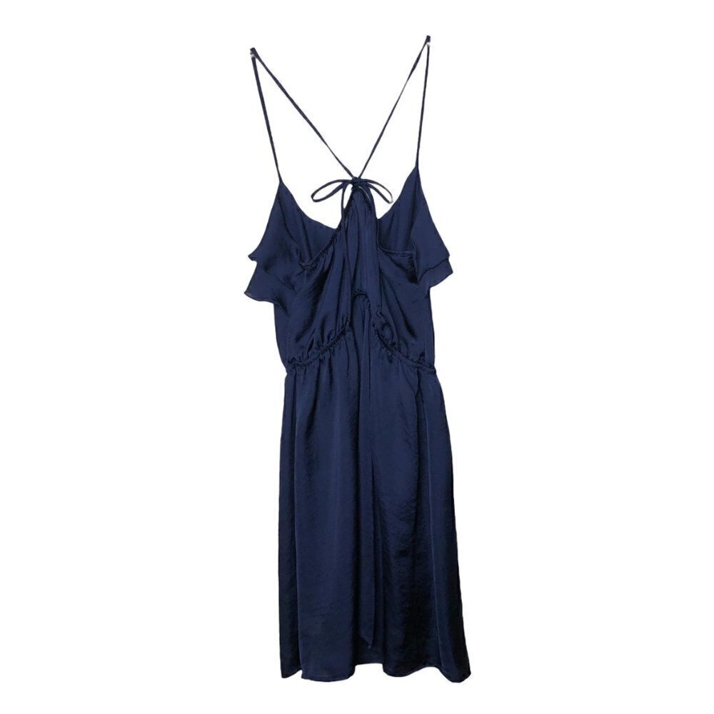 Event DRESS - Silky Navy Blue Spaghetti Strap Ruffle Top Midi Dress - Size Small - Picture 2 of 4